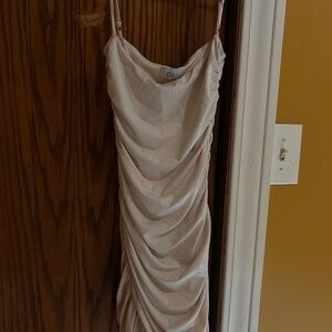 Oh Polly Cream Ruched Spaghetti Strap Mini Dress